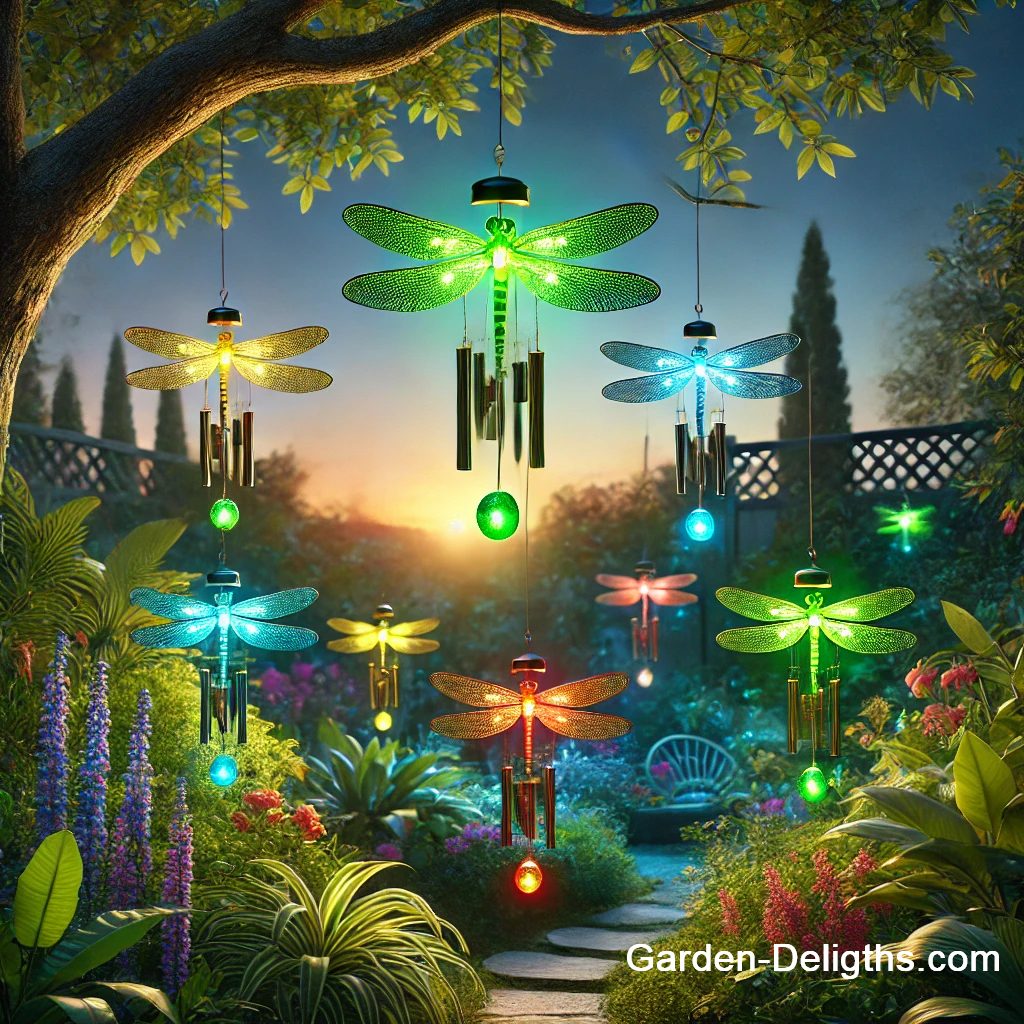 solar powered dragonfly wind chimes with colorful LED lighting on deck, outdoor solar lights, LED night light for outdoor.